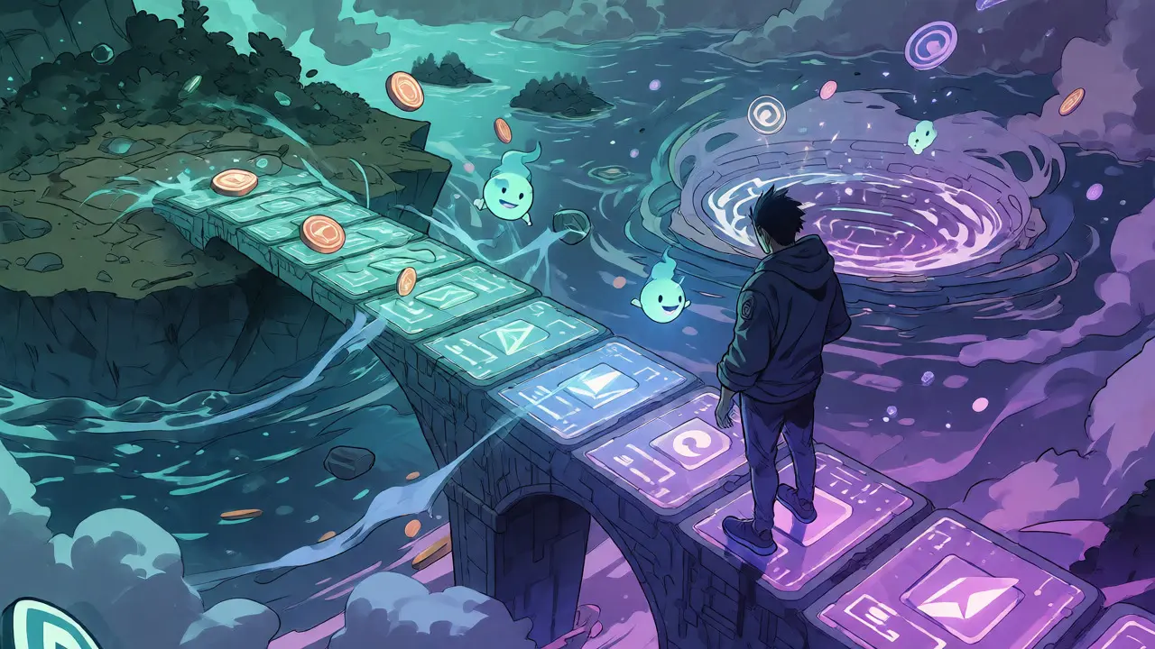 Anime figure standing on a bridge connecting blockchain liquidity pools