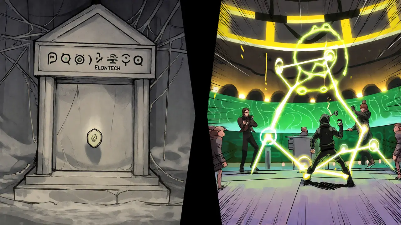Contrast between dusty ElonTech shrine and vibrant modern crypto arena.