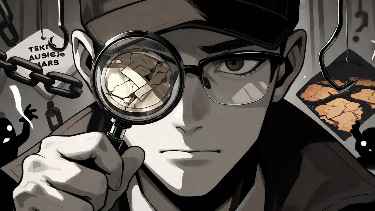 Detective examining a cracked coin surrounded by scam warnings.