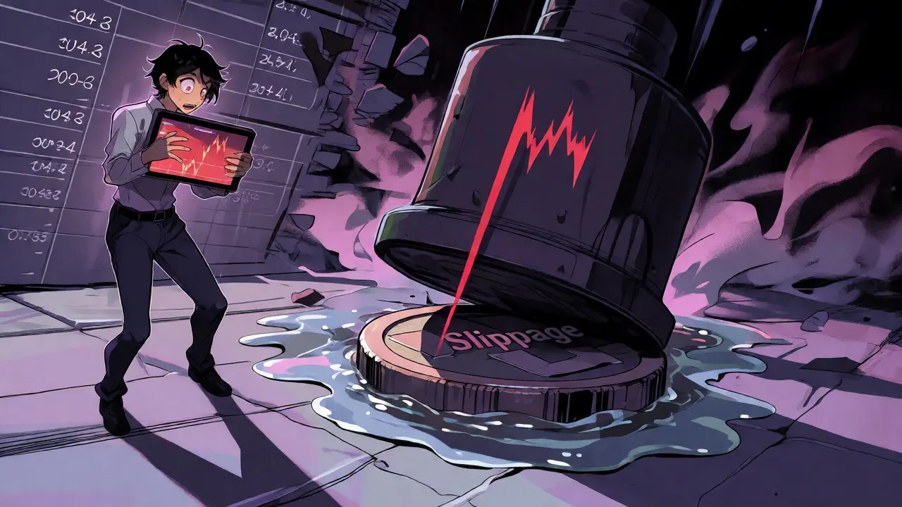 Shocked anime character watching a price crash due to slippage