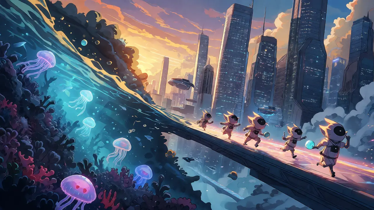 Split manga scene connecting underwater reef with futuristic AI metaverse city via light bridge.